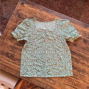 SHEIN Green Floral Puff Sleeve Square Neck Blouse